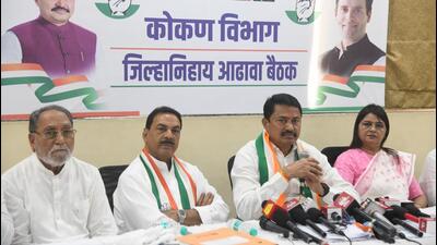 State Congress chief Nana Patole addressing a press conference at Airoli in Navi Mumbai, India, on Saturday, October 7, 2023. (Bachchan Kumar/ HT PHOTO)