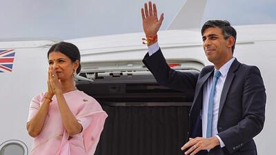 United Kingdom's Prime Minister Rishi Sunak with his wife Akshata Murty leaves after attending the G20 Summit in New Delhion Sept. 10. (PTI/@RishiSunak) United Kingdom's Prime Minister Rishi Sunak with his wife Akshata Murty leaves after attending the G20 Summit in New Delhion Sept. 10. (PTI/@RishiSunak)