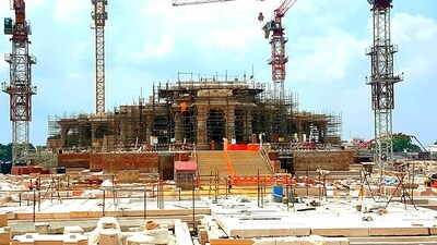 The construction work of the Ram temple is in full swing, in Ayodhya on Sunday. (ANI Photo) (Shri Ram Janmbhoomi Teerth Kshet) The construction work of the Ram temple is in full swing, in Ayodhya on Sunday. (ANI Photo) (Shri Ram Janmbhoomi Teerth Kshet)