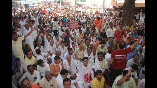 Government school teachers staging a protest at the education directorate office, in Lucknow, on Monday (HT Photo)