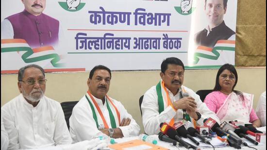 State Congress chief Nana Patole addressing a press conference at Airoli in Navi Mumbai, India, on Saturday, October 7, 2023. (Bachchan Kumar/ HT PHOTO)