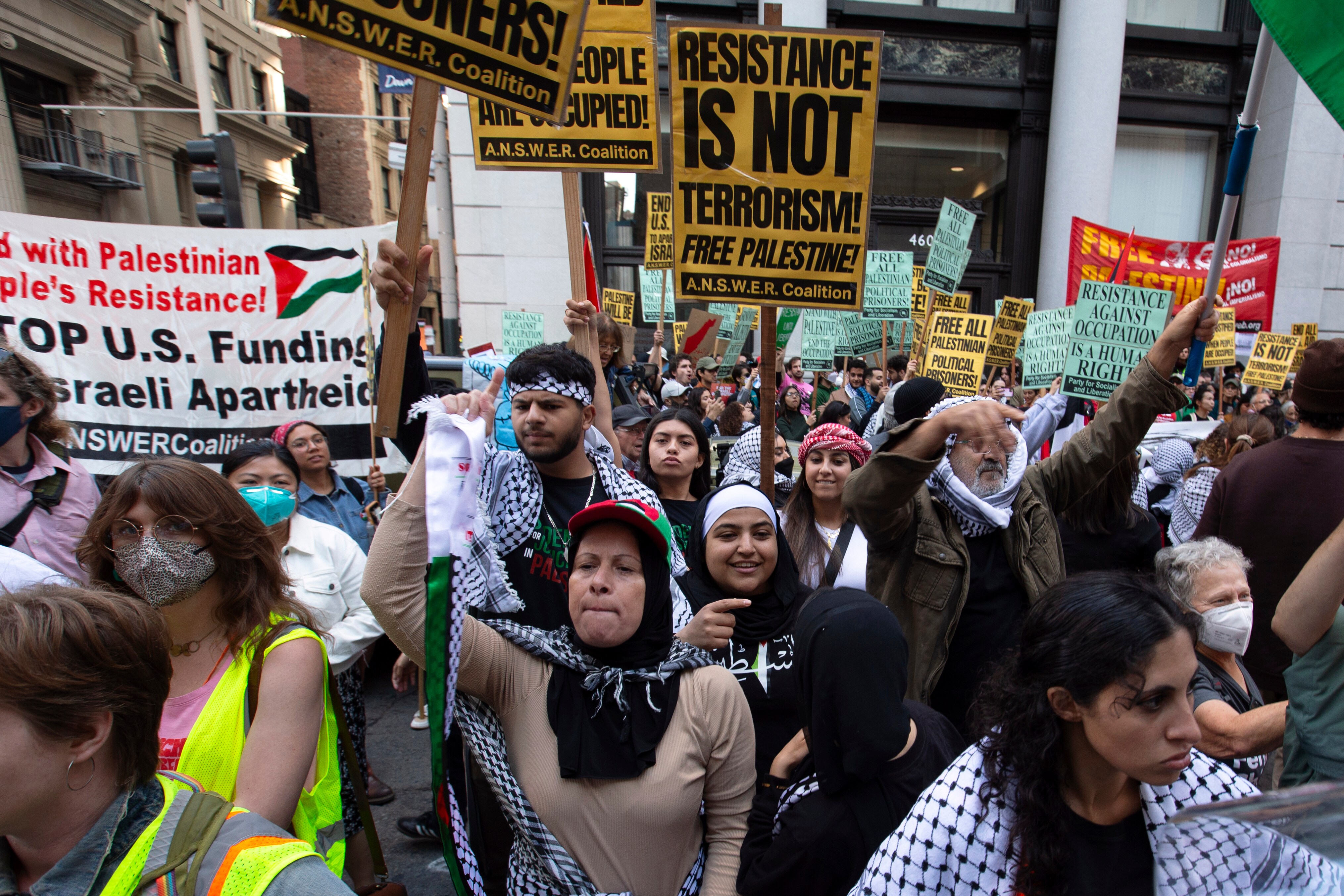 Protesters make their feelings known during a pro-Palestinian demonstration outside the Israeli embassy, Sunday, Oct. 8, 2023, in San Francisco. (AP Photo/D. Ross Cameron) (AP) Protesters make their feelings known during a pro-Palestinian demonstration outside the Israeli embassy, Sunday, Oct. 8, 2023, in San Francisco. (AP Photo/D. Ross Cameron) (AP)