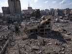 Israel-Palestine Conflict: A view of the rubble of buildings hit by an Israeli airstrike, in Gaza City. Israel-Palestine Conflict: A view of the rubble of buildings hit by an Israeli airstrike, in Gaza City.