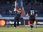 New Zealand's Mitchell Santner watches the ball after playing a shot during the 2023 ICC Men's Cricket World Cup one-day international (ODI) match between New Zealand and Netherlands New Zealand's Mitchell Santner watches the ball after playing a shot during the 2023 ICC Men's Cricket World Cup one-day international (ODI) match between New Zealand and Netherlands