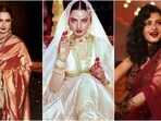 Remembering Rekha's iconic fashion moments - from Kanjeevaram sarees to anarkalis of Umrao Jaan. Remembering Rekha's iconic fashion moments - from Kanjeevaram sarees to anarkalis of Umrao Jaan.