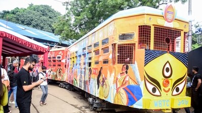 A Puja Special Tram will run from Tollygunge to Ballygunge in Kolkata in commemoration of the UNESCO Heritage Tag to Durga Puja and to celebrate the 150 years of Kolkata tramways. (ANI) A Puja Special Tram will run from Tollygunge to Ballygunge in Kolkata in commemoration of the UNESCO Heritage Tag to Durga Puja and to celebrate the 150 years of Kolkata tramways. (ANI)