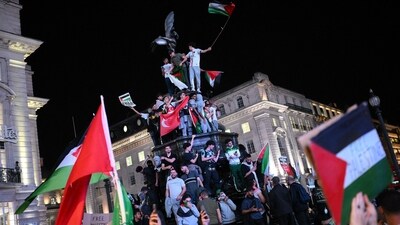 Pro-Palestine supporters wave flags and hold placards as they demonstrate at Piccadilly Circus in London. (AFP)