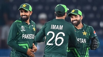 Pakistan's captain Babar Azam (L) and his teammates celebrate after winning the 2023 ICC Men's Cricket World Cup one-day international (ODI) match (AFP) Pakistan's captain Babar Azam (L) and his teammates celebrate after winning the 2023 ICC Men's Cricket World Cup one-day international (ODI) match (AFP)