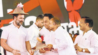 Congress leader Rahul Gandhi with Madhya Pradesh Congress chief Kamal Nath in the state’s Shahdol district on Tuesday. (PTI) Congress leader Rahul Gandhi with Madhya Pradesh Congress chief Kamal Nath in the state’s Shahdol district on Tuesday. (PTI)