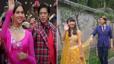 The image shows two artists from Japan recreating a scene from Om Shanti Om song Aankhon Mein Teri. (Instagram/@mayojapan) The image shows two artists from Japan recreating a scene from Om Shanti Om song Aankhon Mein Teri. (Instagram/@mayojapan)