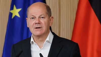 German Chancellor Olaf Scholz during a press conference in Hamburg on October 10. (AFP)