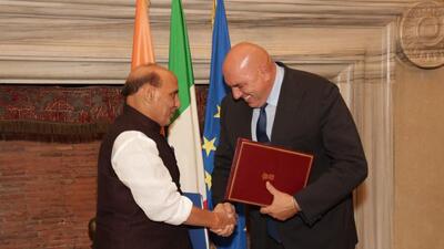 Indian defence minister Rajnath Singh with his Italian counterpart Guido Crosetto. (Ministry of Defence) Indian defence minister Rajnath Singh with his Italian counterpart Guido Crosetto. (Ministry of Defence)