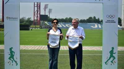 Nita Ambani, Founder and Chairperson of Reliance Foundation and Thomas Bach, President International Olympic Committee during a special announcement at Reliance Corporate Park Football Stadium (HT PHOTO)