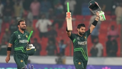 The day belonged to the batters in Hyderabad as Pakistan broke the record for the highest succesfull run chase in World Cup history and beat Sri Lanka by six wickets with 10 balls to spare. Sri Lanka scored 344/9 and centuries from Abdullah Shafique and Mohammad Rizwan helped Pakistan chase it down with neartly two overs to spare. (PTI) The day belonged to the batters in Hyderabad as Pakistan broke the record for the highest succesfull run chase in World Cup history and beat Sri Lanka by six wickets with 10 balls to spare. Sri Lanka scored 344/9 and centuries from Abdullah Shafique and Mohammad Rizwan helped Pakistan chase it down with neartly two overs to spare. (PTI)