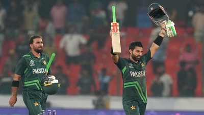 Mohammad Rizwan is ecstatic after taking Pakistan over the line. (PTI) Mohammad Rizwan is ecstatic after taking Pakistan over the line. (PTI)