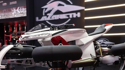 A Lazareth 'Moto Volante' LMV 496 flying motorcycle on the opening day of the Geneva International Motor Show Qatar 2023, in Doha, Qatar, on Friday, Oct. 6, 2023.. Photographer: Christopher Pike/Bloomberg A Lazareth 'Moto Volante' LMV 496 flying motorcycle on the opening day of the Geneva International Motor Show Qatar 2023, in Doha, Qatar, on Friday, Oct. 6, 2023.. Photographer: Christopher Pike/Bloomberg
