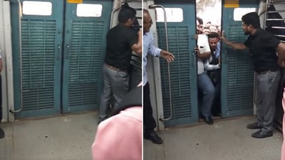 The image shows the commuters trying to board a local train. (Reddit/@Novel_Swimmer_8284) The image shows the commuters trying to board a local train. (Reddit/@Novel_Swimmer_8284)