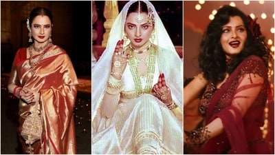 Remembering Rekha's iconic fashion moments - from Kanjeevaram sarees to anarkalis of Umrao Jaan. Remembering Rekha's iconic fashion moments - from Kanjeevaram sarees to anarkalis of Umrao Jaan.