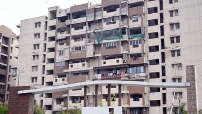 The Signature View Apartment in Mukherjee Nagar were declared unfit for residential purposes due to their deteriorating condition. Portions of roofs and lintels had caved in at various flats. (Sanjeev Verma/HT Photo) The Signature View Apartment in Mukherjee Nagar were declared unfit for residential purposes due to their deteriorating condition. Portions of roofs and lintels had caved in at various flats. (Sanjeev Verma/HT Photo)
