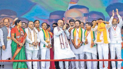 Union home minister Amit Shah at the rally in Adilabad, Telangana, on Tuesday. (PTI) Union home minister Amit Shah at the rally in Adilabad, Telangana, on Tuesday. (PTI)