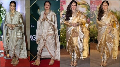 Rekha wears two gorgeous pants sarees while attending events in B-town. Rekha wears two gorgeous pants sarees while attending events in B-town.