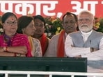 Prime Minister Narendra Modi with Bharatiya Janata Party (BJP) National Vice President Vasundhara Raje at a public meeting,