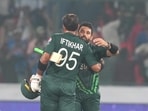 Hyderabad: Pakistan's M Rizwan and Iftikhar Ahmed celebrate their win in the ICC Men's Cricket World Cup match between Pakistan and Sri Lanka Hyderabad: Pakistan's M Rizwan and Iftikhar Ahmed celebrate their win in the ICC Men's Cricket World Cup match between Pakistan and Sri Lanka