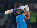 Rohit Sharma hits a six during the ICC Men's Cricket World Cup match between Afghanistan and India. Rohit Sharma hits a six during the ICC Men's Cricket World Cup match between Afghanistan and India.