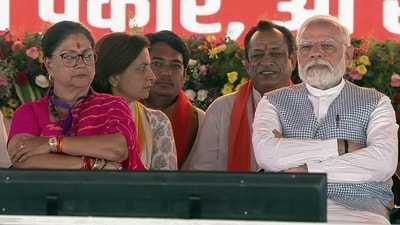 Prime Minister Narendra Modi with Bharatiya Janata Party (BJP) National Vice President Vasundhara Raje at a public meeting, (ANI) Prime Minister Narendra Modi with Bharatiya Janata Party (BJP) National Vice President Vasundhara Raje at a public meeting, (ANI)