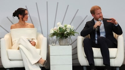 Britain's Prince Harry, Duke of Sussex and his wife Meghan, Duchess of Sussex attend a panel held during Project Healthy Minds' second annual World Mental Health Day Festival and The Archewell Foundation Parents' Summit: Mental Wellness in the Digital Age in New York City, U.S., October 10, 2023. (REUTERS)