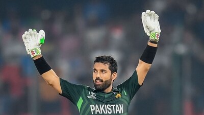 Pakistan's Mohammad Rizwan celebrates after scoring a century (100 runs) during the 2023 ICC Men's Cricket World Cup one-day international (ODI) match vs Sri Lanka (AFP) Pakistan's Mohammad Rizwan celebrates after scoring a century (100 runs) during the 2023 ICC Men's Cricket World Cup one-day international (ODI) match vs Sri Lanka (AFP)