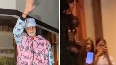 Amitabh Bachchan greets fans at Jalsa, Aishwarya Rai and Navya Naveli in the background Amitabh Bachchan greets fans at Jalsa, Aishwarya Rai and Navya Naveli in the background