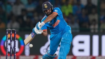 Rohit Sharma plays a shot during the ICC Men's Cricket World Cup match against Afghanistan (AP) Rohit Sharma plays a shot during the ICC Men's Cricket World Cup match against Afghanistan (AP)