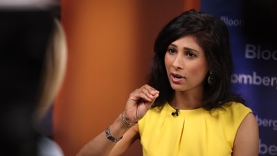 Gita Gopinath, first deputy managing director of International Monetary Fund (IMF), speaks during a Bloomberg Television interview at the annual meetings of the International Monetary Fund (IMF) and World Bank in Marrakesh, Morocco. (Bloomberg) Gita Gopinath, first deputy managing director of International Monetary Fund (IMF), speaks during a Bloomberg Television interview at the annual meetings of the International Monetary Fund (IMF) and World Bank in Marrakesh, Morocco. (Bloomberg)