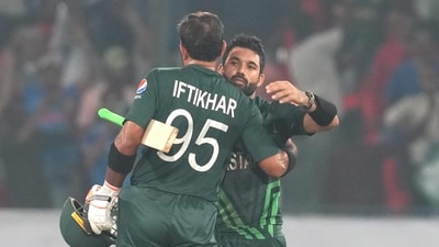 Hyderabad: Pakistan's M Rizwan and Iftikhar Ahmed celebrate their win in the ICC Men's Cricket World Cup match between Pakistan and Sri Lanka (PTI) Hyderabad: Pakistan's M Rizwan and Iftikhar Ahmed celebrate their win in the ICC Men's Cricket World Cup match between Pakistan and Sri Lanka (PTI)