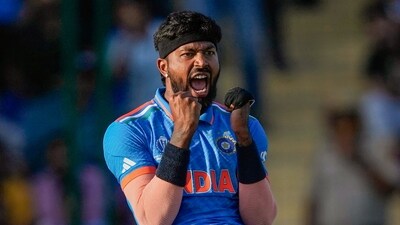 India's Hardik Pandya celebrates the wicket of Afghanistan batter Azmatullah Omarzai during the ICC Men's Cricket World Cup 2023 match against Afghanistan, at Arun Jaitley Stadium, in New Delhi (PTI) India's Hardik Pandya celebrates the wicket of Afghanistan batter Azmatullah Omarzai during the ICC Men's Cricket World Cup 2023 match against Afghanistan, at Arun Jaitley Stadium, in New Delhi (PTI)