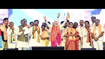 Prime Minister Narendra Modi during a public rally in Mahbubnagar district of Telangana, on October 1. (PTI) Prime Minister Narendra Modi during a public rally in Mahbubnagar district of Telangana, on October 1. (PTI)