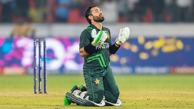Pakistan's Mohammad Rizwan celebrates after scoring a century (100 runs) during the 2023 ICC Men's Cricket World Cup match against Sri Lanka at the Rajiv Gandhi International Stadium in Hyderabad (AFP)