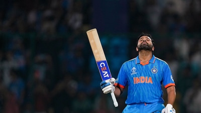 Rohit Sharma celebrates his century during the ICC Men's Cricket World Cup 2023 match between India and Afghanistan. (PTI) Rohit Sharma celebrates his century during the ICC Men's Cricket World Cup 2023 match between India and Afghanistan. (PTI)