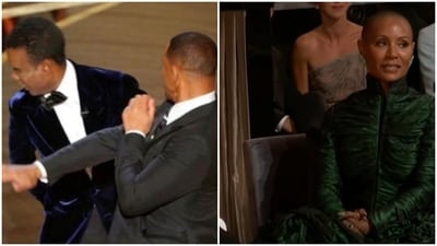 Left- Will Smith smacking Chris Rock at the Oscars. Right- Jada Pinkett Smith's reaction when Chris made a joke about her, seconds before the slap. Left- Will Smith smacking Chris Rock at the Oscars. Right- Jada Pinkett Smith's reaction when Chris made a joke about her, seconds before the slap.