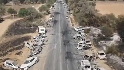 Abandoned cars after the Hamas terrorists massacred Israeli youth at a festival across Gaza. Abandoned cars after the Hamas terrorists massacred Israeli youth at a festival across Gaza.