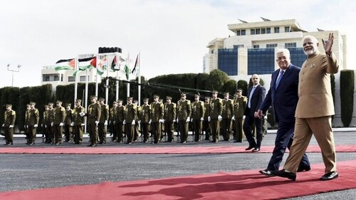 Prime Minister Narendra Modi and Palestinian President Mahmoud Abbas inspect a ceremonial guard of honour at Al-Muqata'a, the compound of the presidential headquarters in Ramallah on February 10, 2018. (PTI) Prime Minister Narendra Modi and Palestinian President Mahmoud Abbas inspect a ceremonial guard of honour at Al-Muqata'a, the compound of the presidential headquarters in Ramallah on February 10, 2018. (PTI)