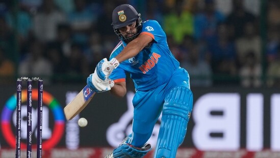 Rohit Sharma plays a shot during the ICC Men's Cricket World Cup match against Afghanistan (AP)