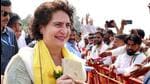 Congress general secretary Priyanka Gandhi greets party workers in Madhy Pradesh’s Mandla district on Thursday.