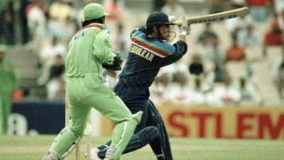 Sachin Tendulkar batting for India during the World Cup match between Pakistan and India at the Sydney Cricket Ground, 4th March 1992. The Pakistan wicketkeeper is Moin Khan. Tendulkar scored 54 not out and India won by 43 runs.