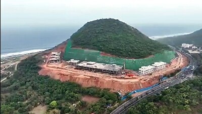 A drone visual of an under-construction chief minister’s camp office building at Rushikonda in Visakhapatnam, on August 12. (ANI) A drone visual of an under-construction chief minister’s camp office building at Rushikonda in Visakhapatnam, on August 12. (ANI)