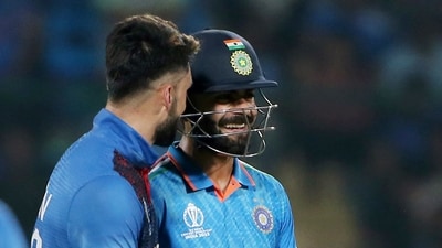 Virat Kohli and Afghanistan's Naveen Ul Haq sharea a candid moment during their match in the ICC Cricket World Cup 2023, at Arun Jaitley Stadium (ANI) Virat Kohli and Afghanistan's Naveen Ul Haq sharea a candid moment during their match in the ICC Cricket World Cup 2023, at Arun Jaitley Stadium (ANI)