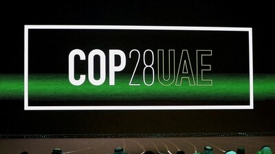 FILE PHOTO: 'Cop28 UAE' logo is displayed on the screen during the opening ceremony of Abu Dhabi Sustainability Week (ADSW) under the theme of 'United on Climate Action Toward COP28', in Abu Dhabi, UAE, January 16, 2023. REUTERS/Rula Rouhana/File Photo (REUTERS)