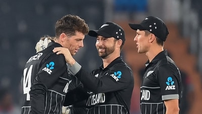 New Zealand's Mitchell Santner (L) celebrates a wicket. (AFP) New Zealand's Mitchell Santner (L) celebrates a wicket. (AFP)