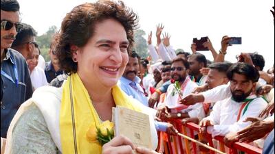 Congress general secretary Priyanka Gandhi greets party workers in Madhy Pradesh’s Mandla district on Thursday.